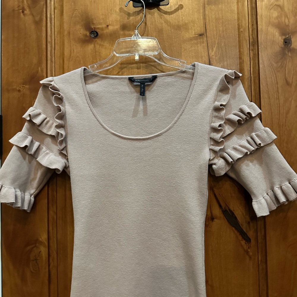 BCBGMaxAzria Ruffle Sleeve Blouse in Beige